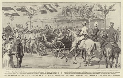 De ontvangst van de heer Cecil Rhodes in Kaapstad, Rhodesische troopers trekken zijn koets door de straten door Frank Dadd